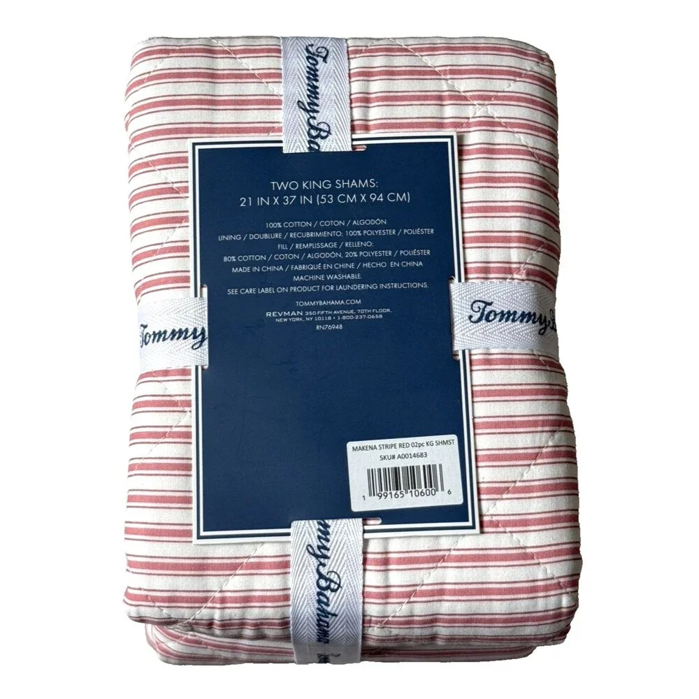Tommy Bahama King Quilted Sham Shams 100% Cotton Makena Stripe Red Set of 2